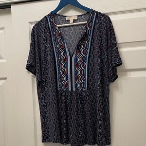 MICHAEL Michael Kors Navy V-Neck Short Sleeve Top with Red & Light Blue Accents